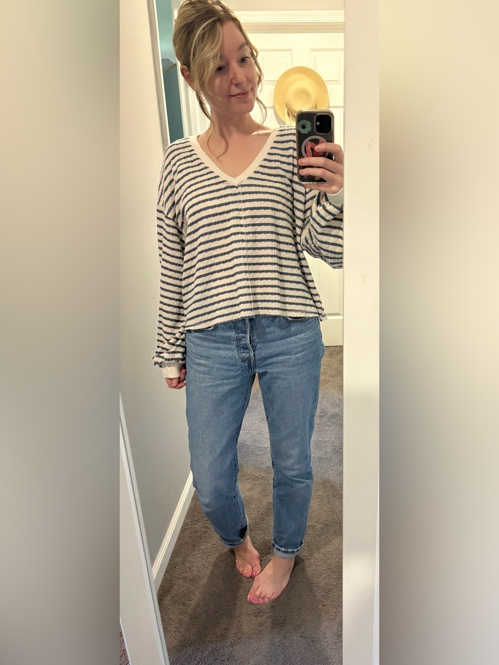 Alter’d State Striped V-Neck Pullover in Navy and Cream